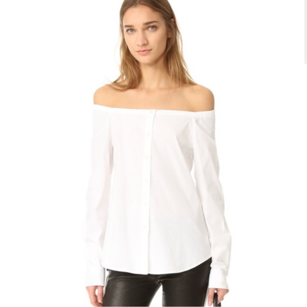 Theory white auriana Off-Shoulder Long Sleeve stretch poplin Blouse size S